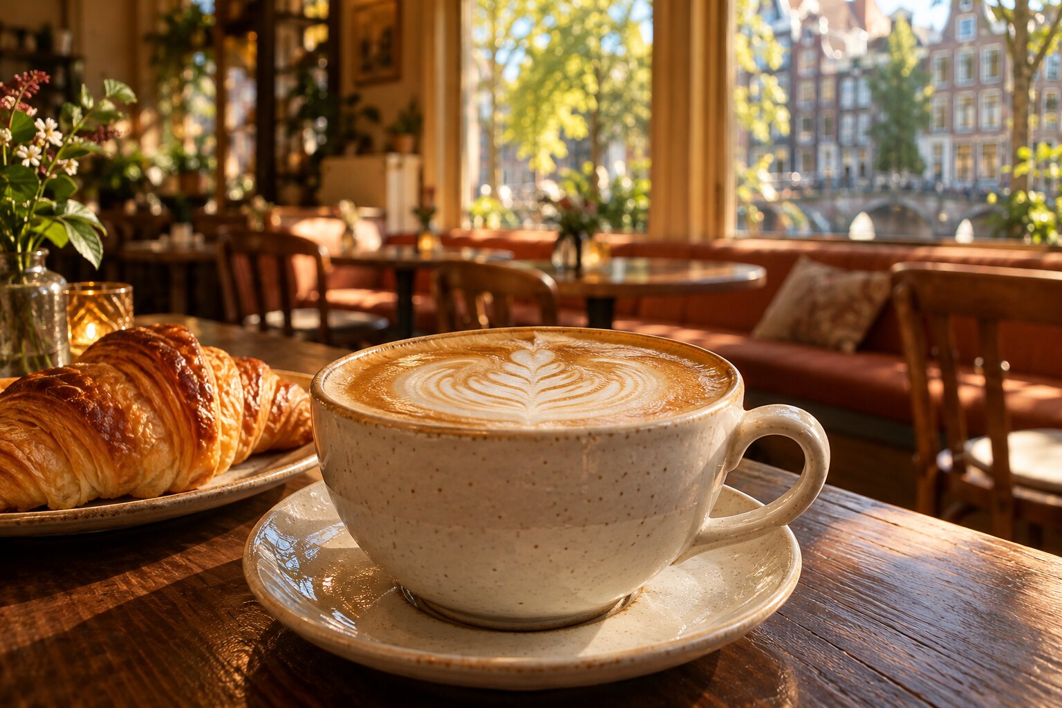 A creamy cappuccino and a golden croissant in a warm, sunlit café